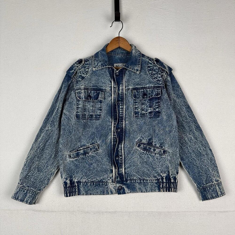 Vintage‎ 80’s Chai Denim Jacket Unisex Medium Acid Wash Quilted Shoulders Straps
